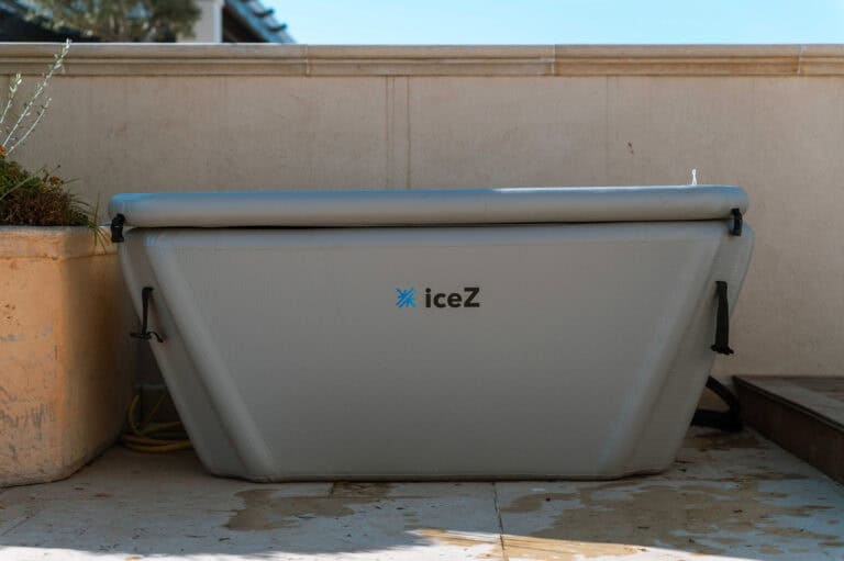 Rectangular iceZ inflatable ice bath on a patio