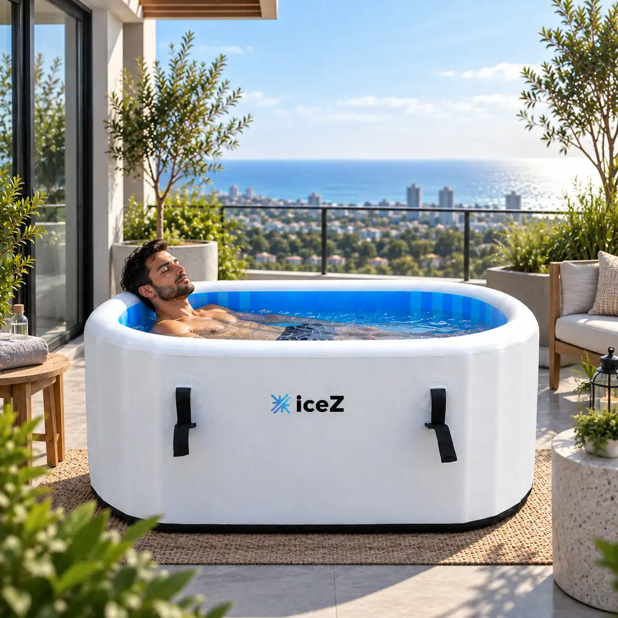 גבר טובל ב-iceZ Tub לבנה במרפסת עם נוף לים